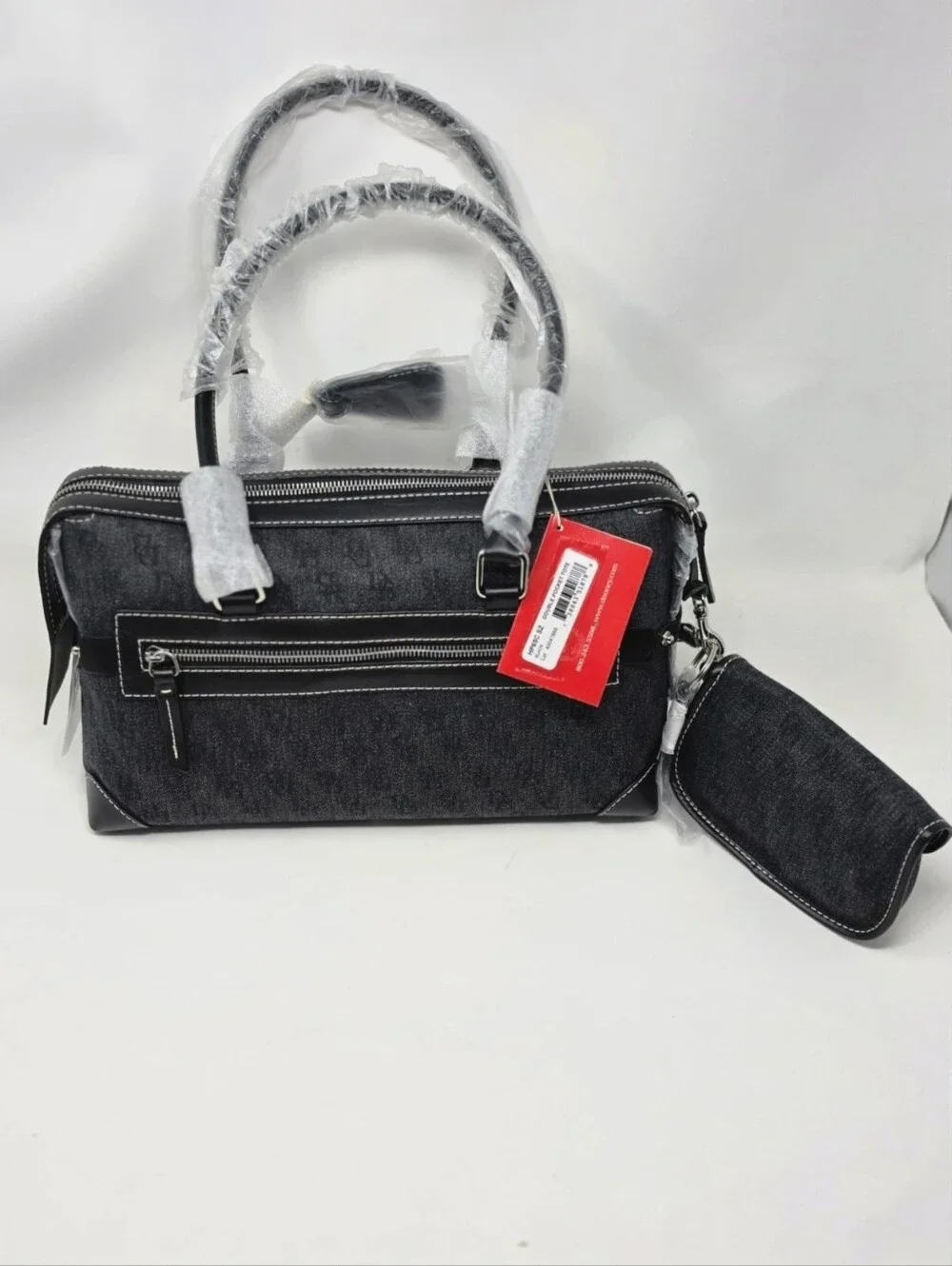NWT Y2K Dooney & Bourke Black Denim Leather Double Pocket Tote Bag SZ Wristlet